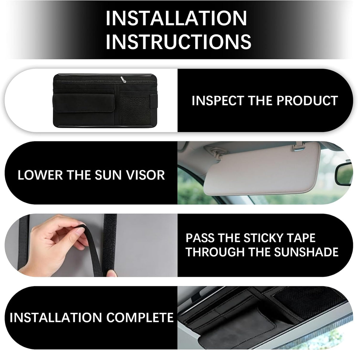 Car Sun Visor Organizer, Visor Accessories, Leather Sunvisor Pocket Organizer Case with Multi-Pocket Net Zipper, Waterproof Auto Sunshade Organizer Bag for Card Pen Sunglasses Document (Black)
