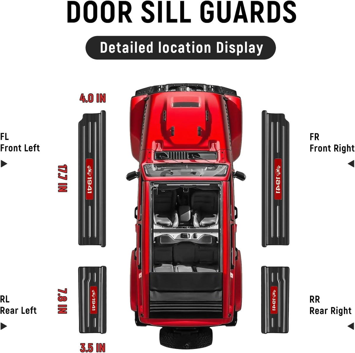 4PCS Door Sill Guards for Jeep 2018-2026 Wrangler JL JLU & 2020-2026 Gladiator JT Accessories Stainless Steel Material Red Trim Door Sill Protector Black Brushed Front Rear Door Entry Guard