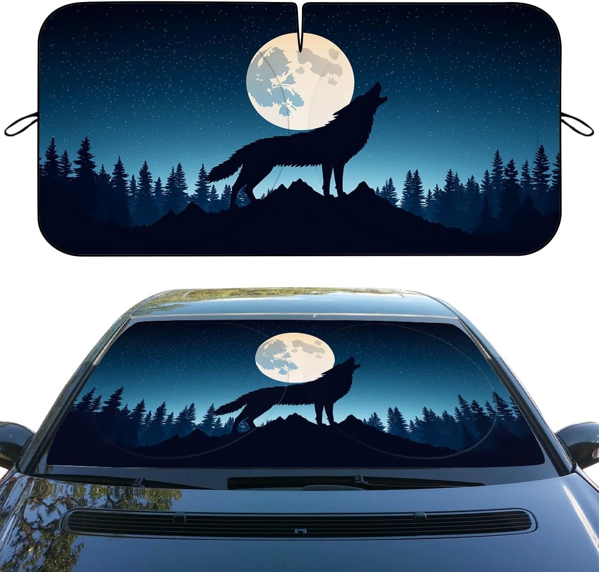 Howling Wolf Car Window Sun Shield Full Moon Forest Starry Night Front Window Sun Shade Rays Sun Shade Visor Protector for Car Sedan Truck SUV Accessories 59" L x 31.5" W