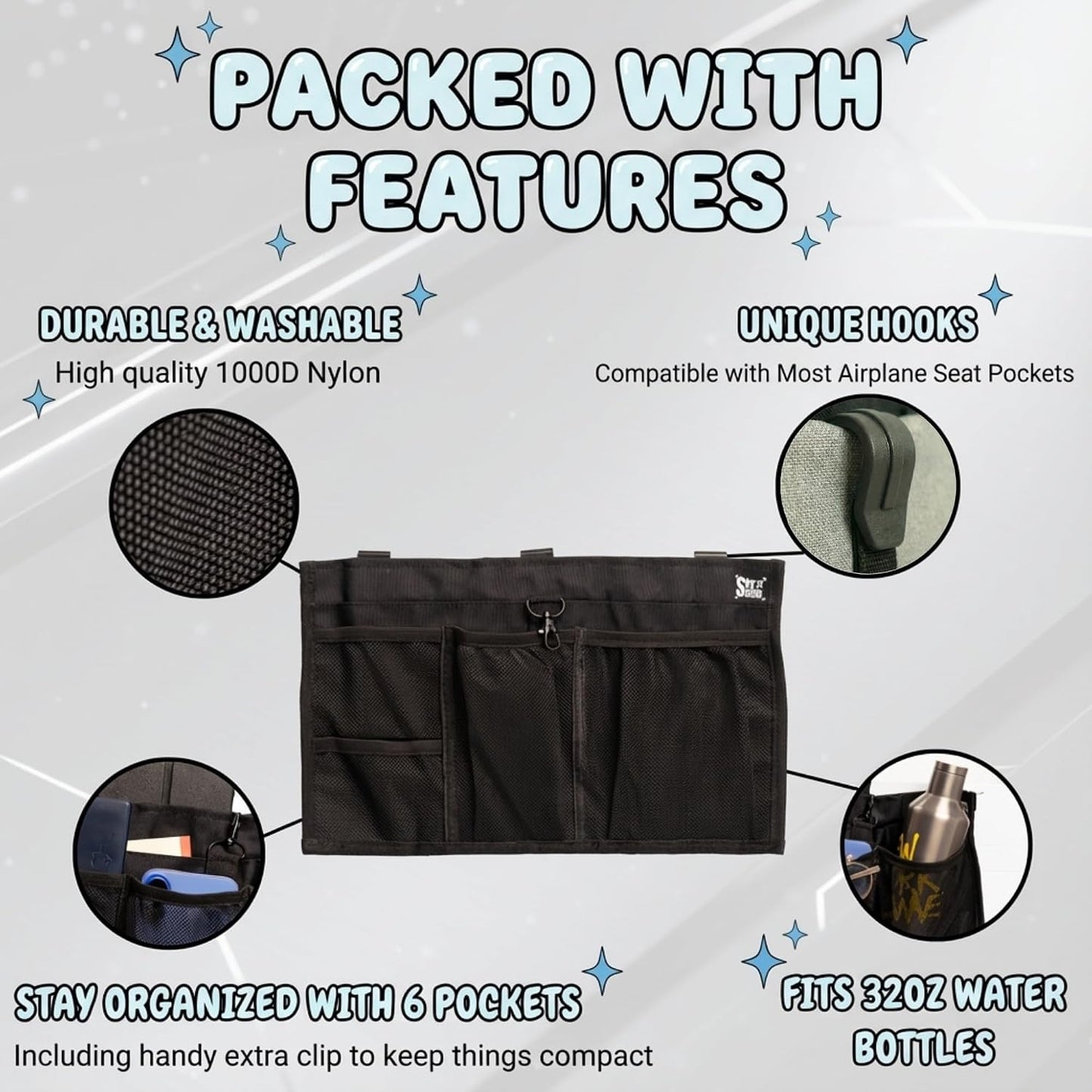 Airplane Seat Organizer to Clip onto Airplane Seat Pocket | Travel Essentials Accessory with Improved Universal Compatibility (15 x 9 Inches)