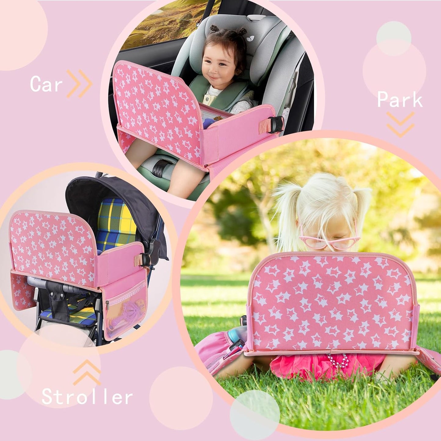 MENZOKE Kids Travel Tray for Toddler Car Seat, Road Trip Activities for Kids with iPad Holder Stand & Dry Erase Board, Road Trip Essentials Accessories Lap Tray as Travel Gifts for Kid, Pink