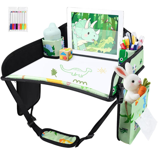 Kids Travel Tray, Kids Travel Trays for Car Seat, Road Trip Essentials for Toddler, Carseat Lap Tray with Dry Erase Board & Storage Organizer for Road Trip Activities for Kid, Green