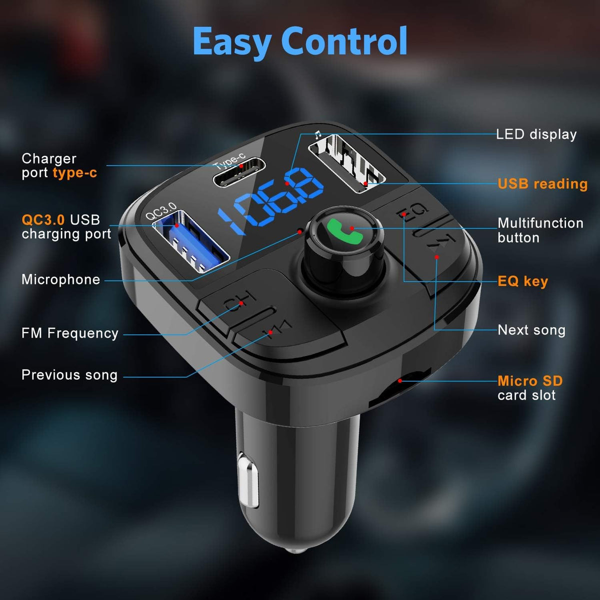 Bluetooth FM Transmitter for Car, BT 5.0 & QC3.0 Car Bluetooth Adapter with 5 EQ Mode, 3 Charging Ports Support USB Disk, TF Card Hands-Free Car Kits