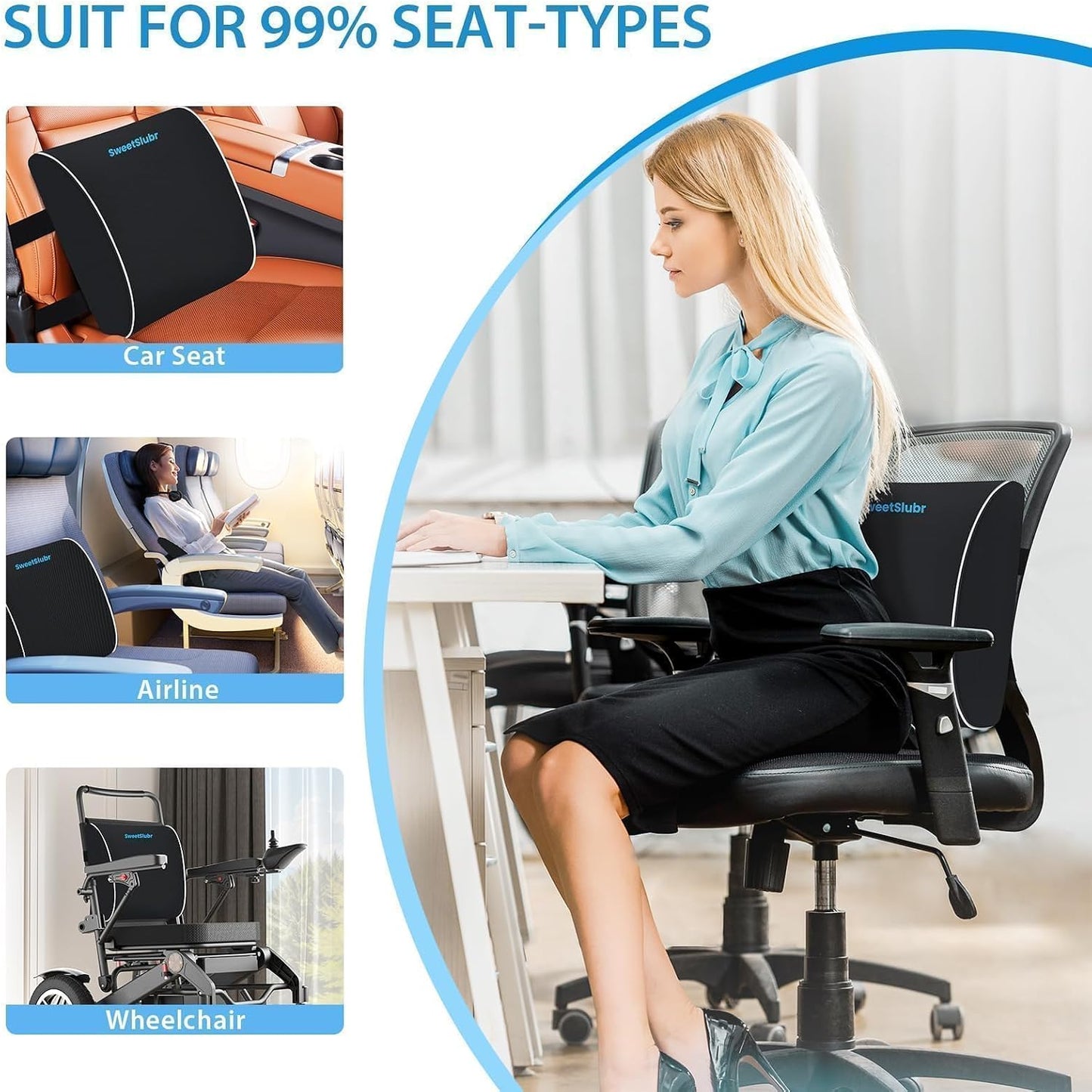 SweetSlubr Lumbar Support Pillow for Office Chair, Car & Gaming Chair, Ergonomic Memory Foam Cushion for Back Comfort, Zoned Back Support, Double Adjustable Straps, Breathable Washable Cover, Black