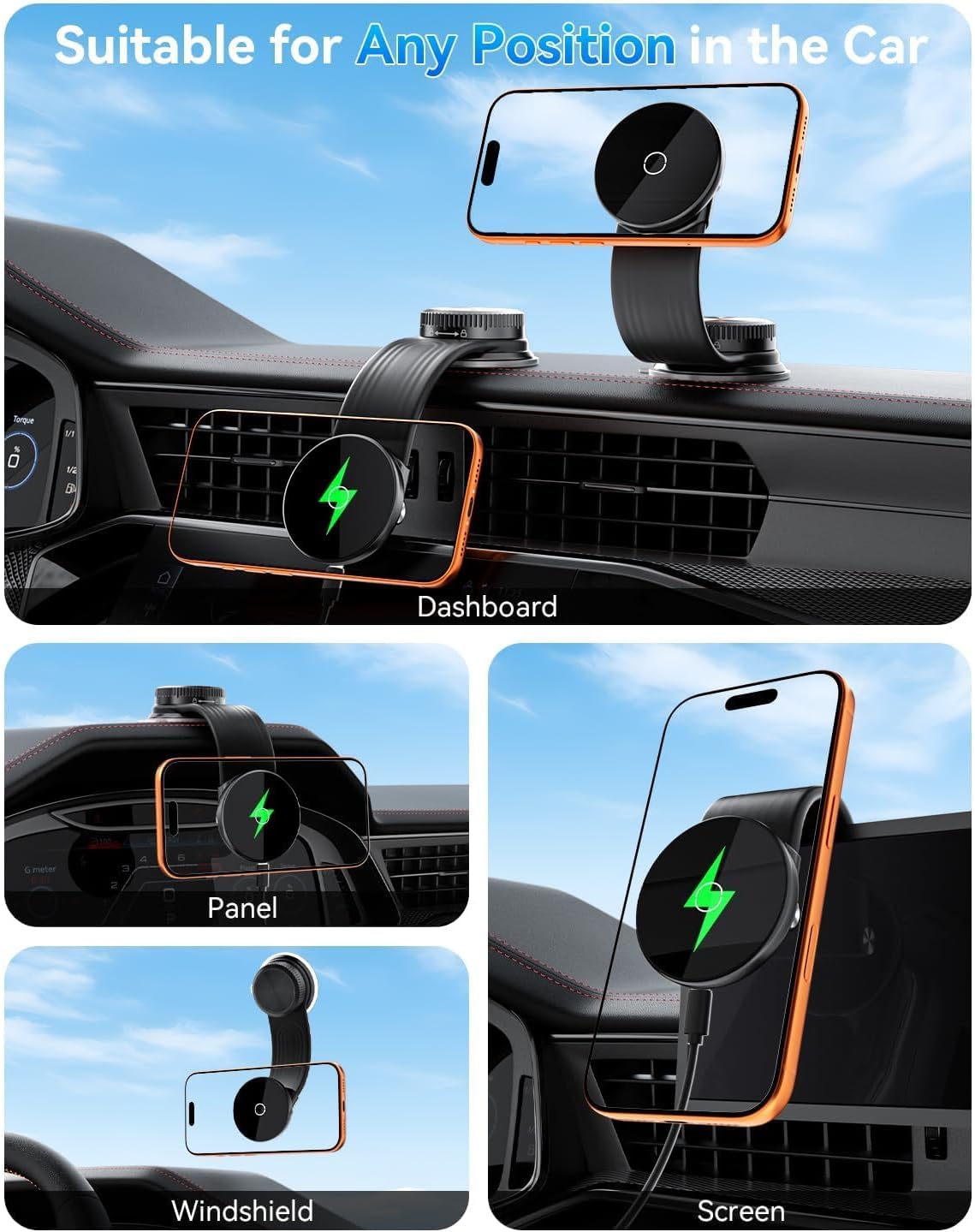 15W Magnetic Wireless Car Charger Mount, Flexible Bendable Aluminum Arm [360° Adjustable], Upgraded Adhesive Suction Cup Base, Dashboard Windshield Fast Charging Phone Holder for iPhone 17