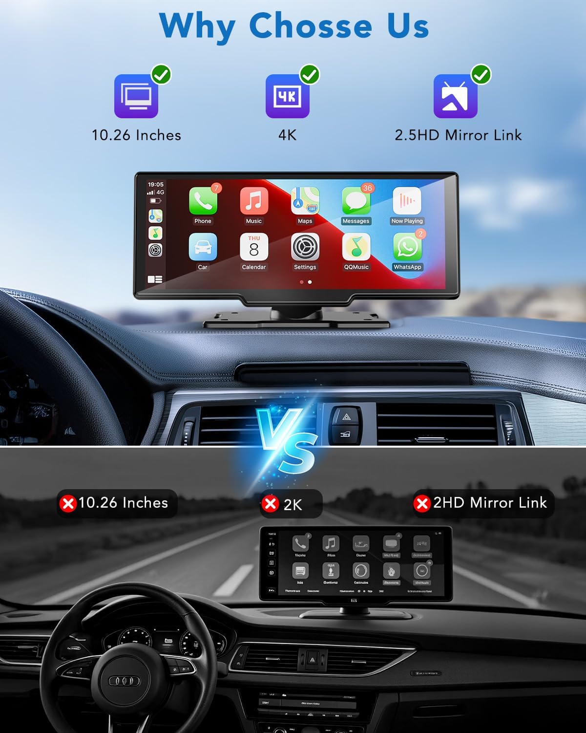 10.26" Portable Apple CarPlay Screen for Car, Wireless CarPlay & Android Auto Touch Screen, 4K Dash Cam, 1080P Backup Camera, Bluetooth 5.0, FM Transmitter, Mirror Link, Phone Navigation