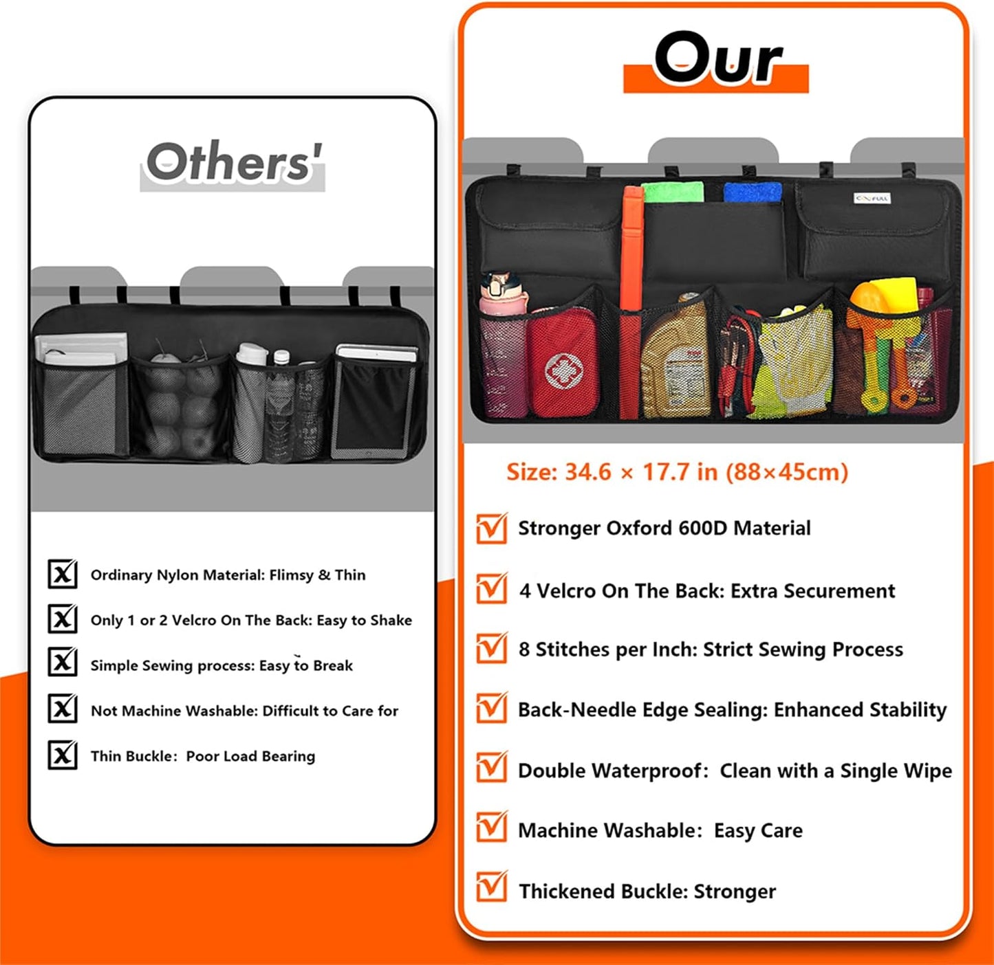 Car Trunk Organizer, Large Capacity Organizers and Storage, Equipped with 7 Durable Pockets, Hanging Trunk Organizer with Hook Side Strips, Sapce-saving Car Accessories Interior