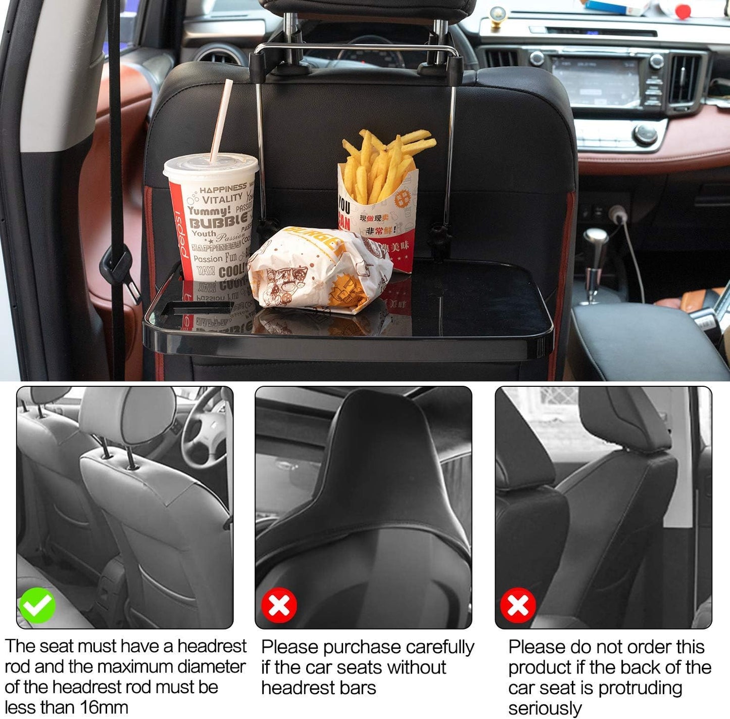 Foldable Car Seat Back Portable Tray for Food Dining Drink and Laptop, Hanging Car Steering Wheel Tray (Black)