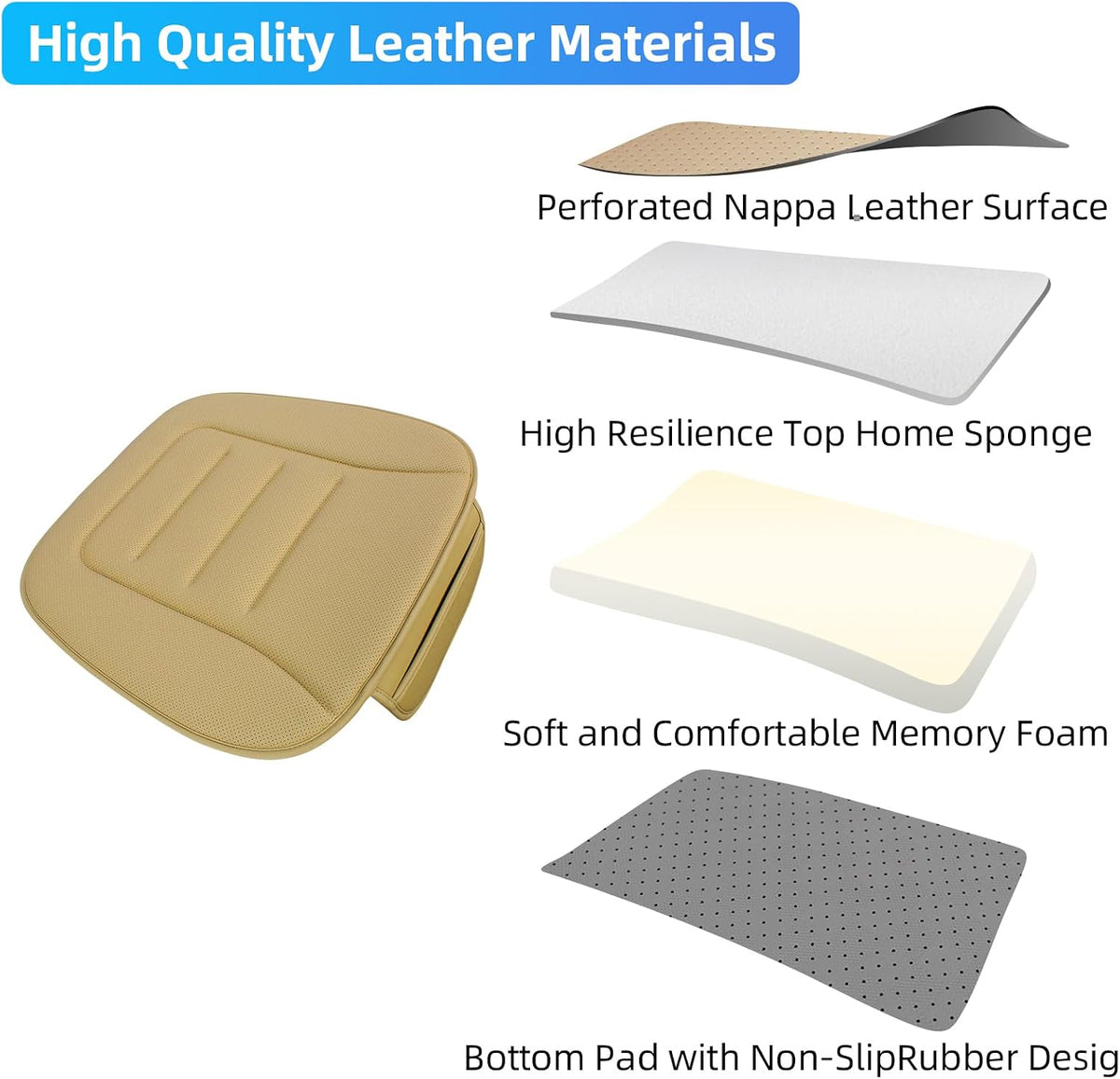 KAYI Car Seat Cushion, Comfort Memory Foam Car Cushions for Driving, Breathable Leather Surface with Anti Slip Rubber Bottom, Seat Cushion for Car and Office Chair (1 Pack, Beige)