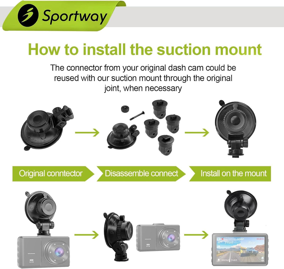 Sportway S504 Pro Dash Cam Mount (5th Gen) 360°+180° Secure Adjustable View