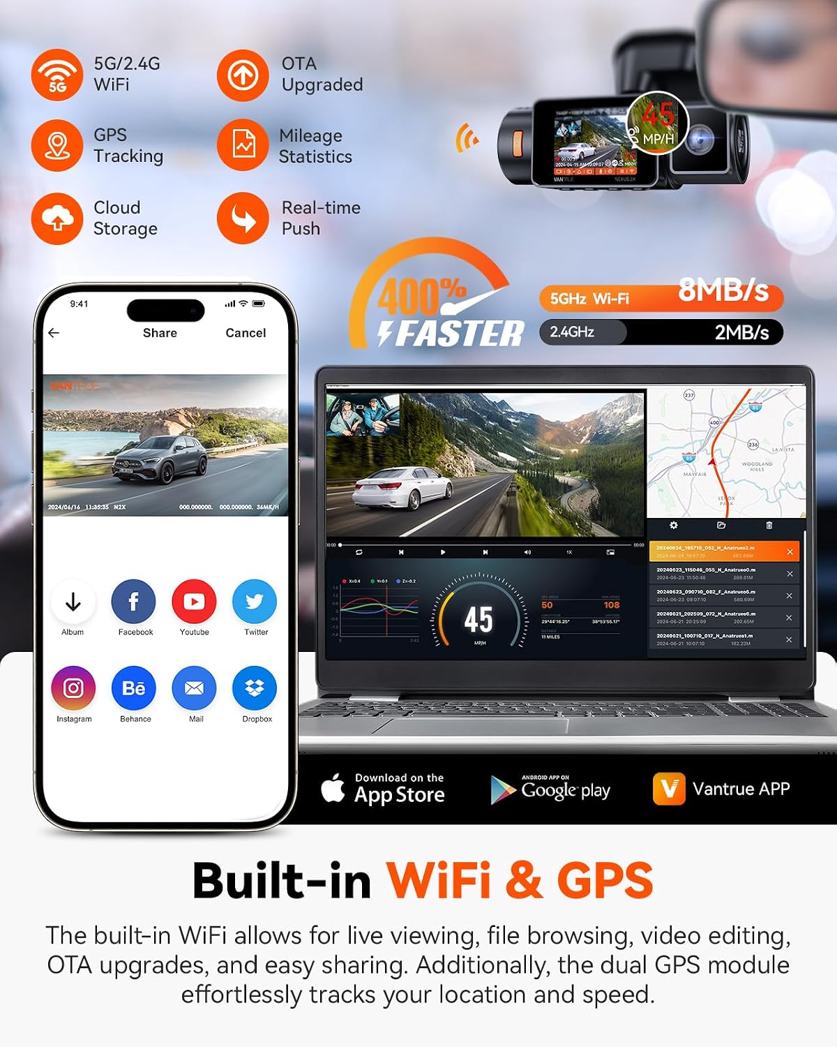 [Bundle-2 Items: Vantrue N2X Dash Cam + 128G Micro SD Card ] N2X 2.7K Dash Cam Front and Inside, 5G WiFi Dual Dash Camera for Car with HDR IR Night Vision, STARVIS 2, GPS, 2.5K/60FPS, G-Sensor
