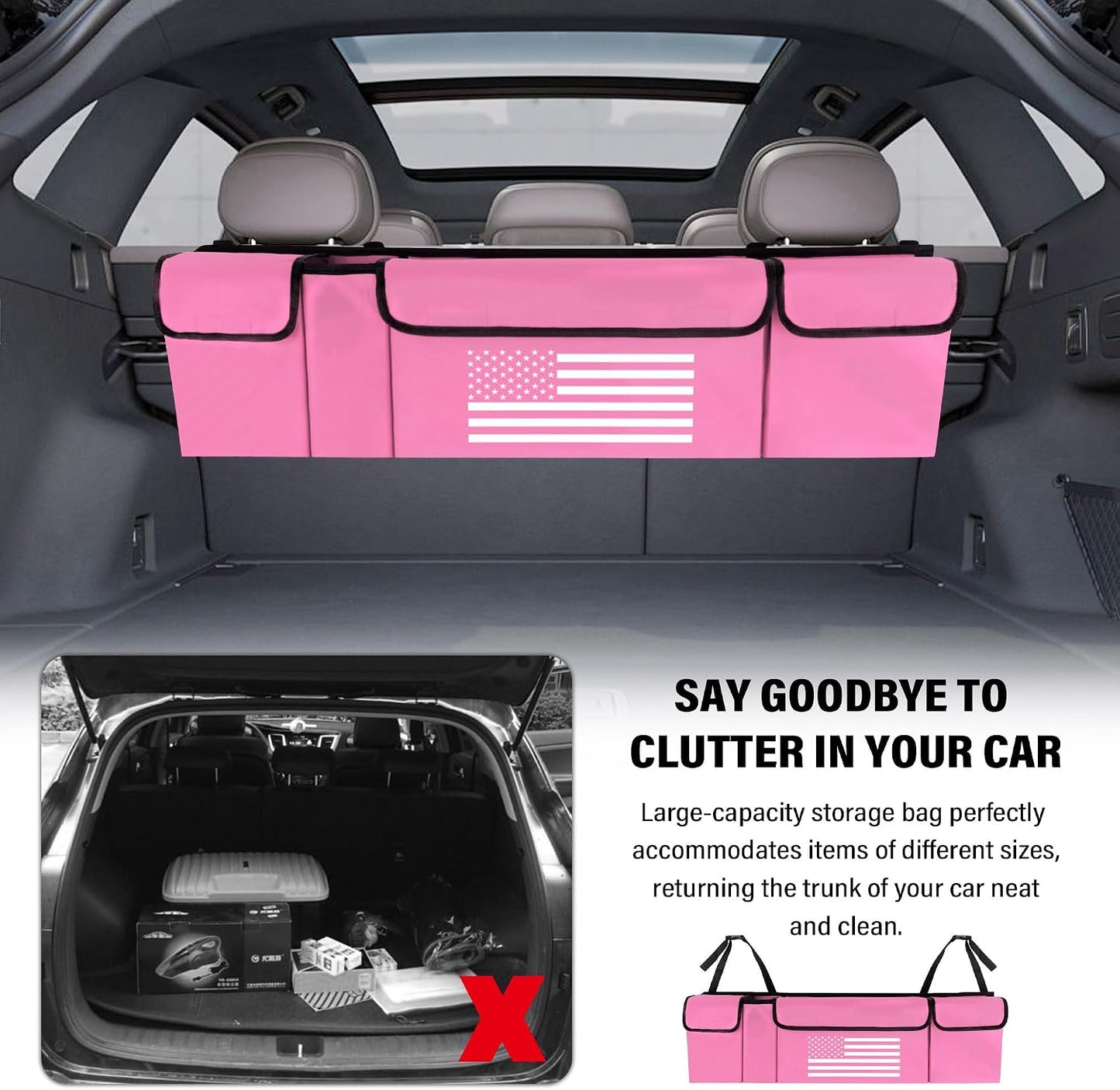 Turcee Car Trunk Organizer,Large Capacity Car Storage Organizer with US Flag Design,Hanging Foldable Car Organizers and Storage Car Interior Accessories (Pink)