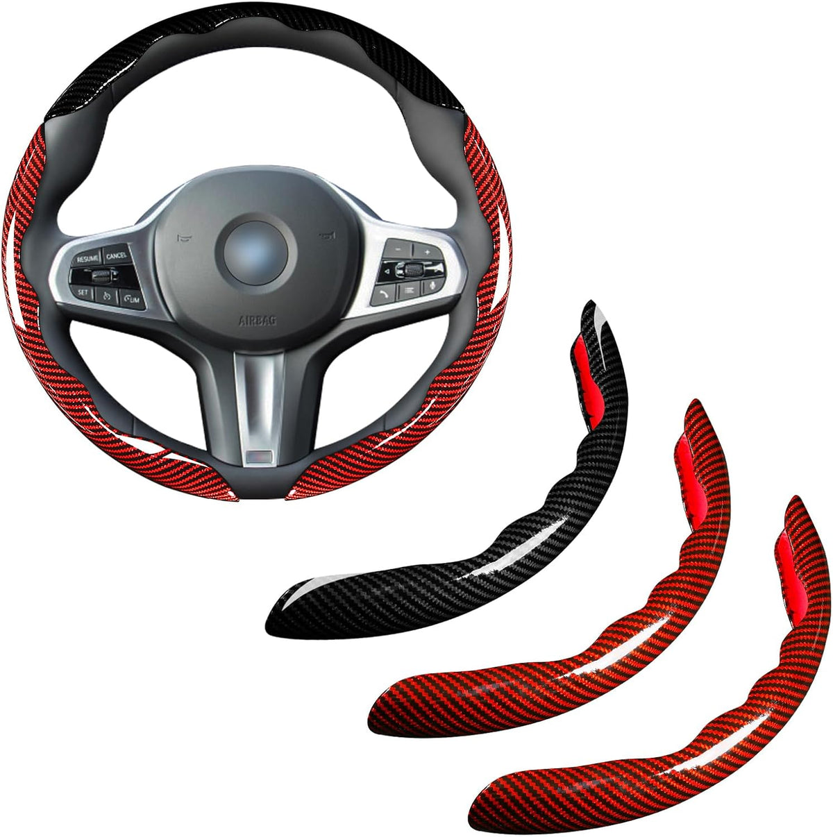 Car Steering Wheel Cover Set Bright Carbon Fiber Wrap Non-Slip 3pcs Steering Wheel Accessories 14.5-15 inch Universal (Red)