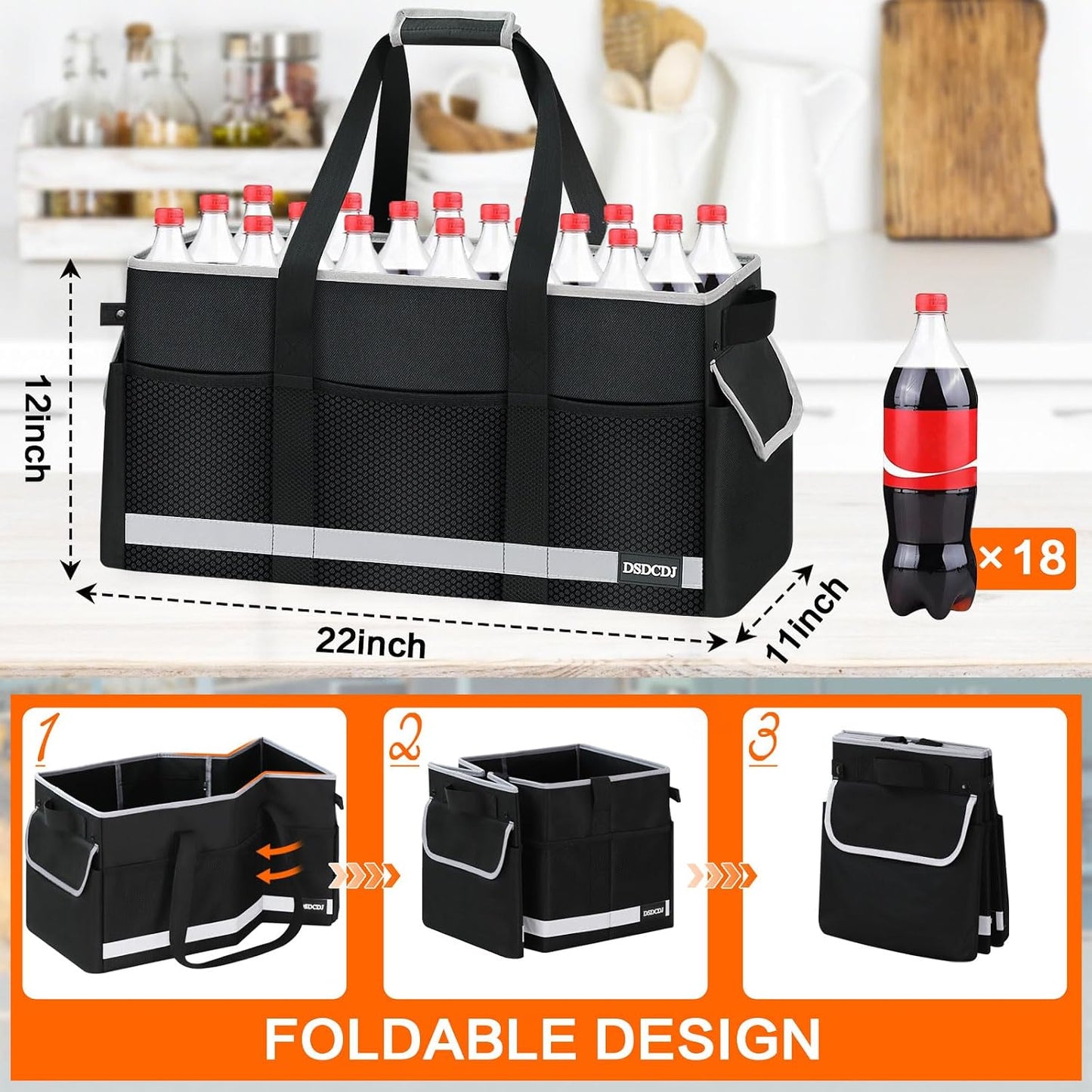 Upgrade Extra Large Utility Tote Bag with Reflective Strip, Standing Reusable Grocery Bags with Hard Bottom & 4 Sided Reinforced, Collapsible Utility Tote with Handles for Shopping, Beach, Car | Upgrade