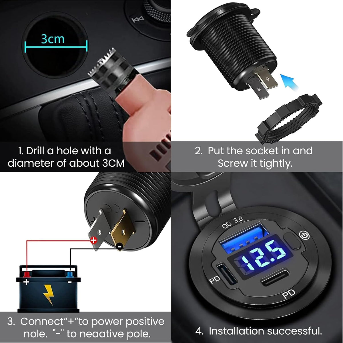 12V USB Car Socket, 3-Port Marine Aluminum USB Quick Charge Waterproof Cigarette Round USB C 12V Outlet for Car Golf Cart Boat Marine Bus Truck RV Marine Motorcycle etc(2PD+1QC(1Pack))