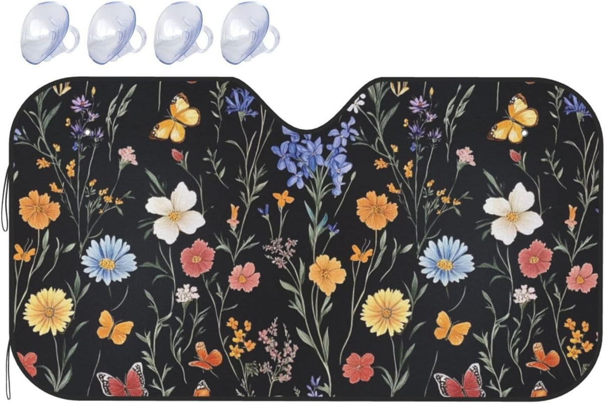 Windshield Sun Shade Vintage Botanical Flower Wildflower Car Front Window Sunshade Blocker UV Visor Retractable Automotive Sunshades for Vehicle SUV Truck Protector 51x27.5 inch