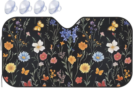 Windshield Sun Shade Vintage Botanical Flower Wildflower Car Front Window Sunshade Blocker UV Visor Retractable Automotive Sunshades for Vehicle SUV Truck Protector 51x27.5 inch
