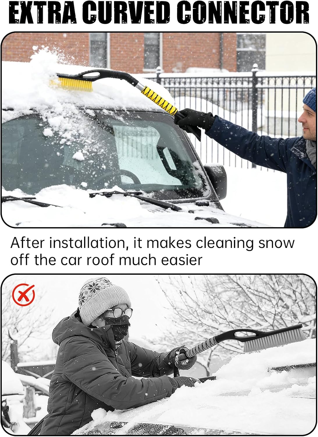 MIKKUPPA 27" Snow Brush and Ice Scrapers for Car Windshield, Yellow | Detachable Windshield Scraper, Snow Removal Tool with Curved Connector & Ergonomic Foam Grip for Cars, Trucks, SUVs