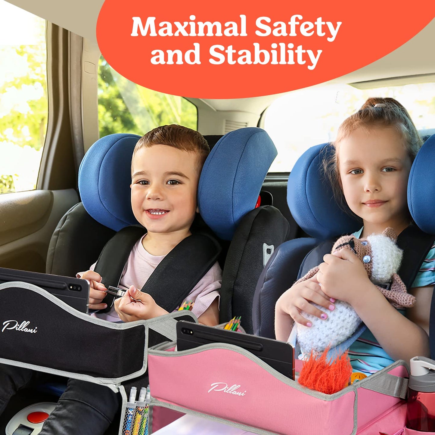 PILLANI Kids Travel Tray for Car - Carseat Tray w/iPad Holder & Dry Erase Board, Road Trip Essentials - Toddler Lap Desk Organizer for Airplane - Roadtrip Activities & Travel Essentials - Pack of 2