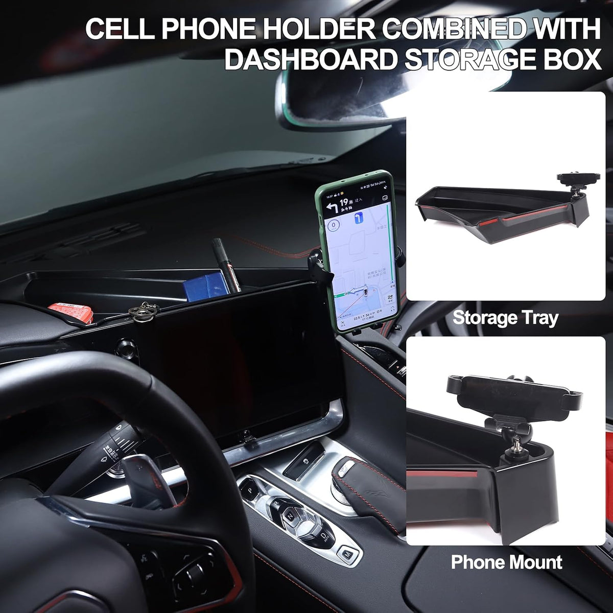 for Corvette C8 Center Console Tray Phone Holder Mount Organizer,360 Degree Rotatable Phone Holder Stand Navigation Screen Rear Storage Box Organizer Tray for Corvette C8 2020-2024 2025 (D)
