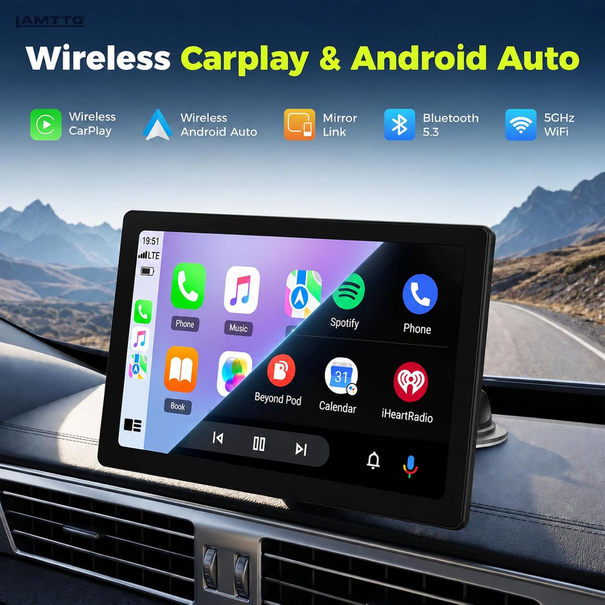 LAMTTO 10.1" Wireless CarPlay & Android Auto Screen for Car