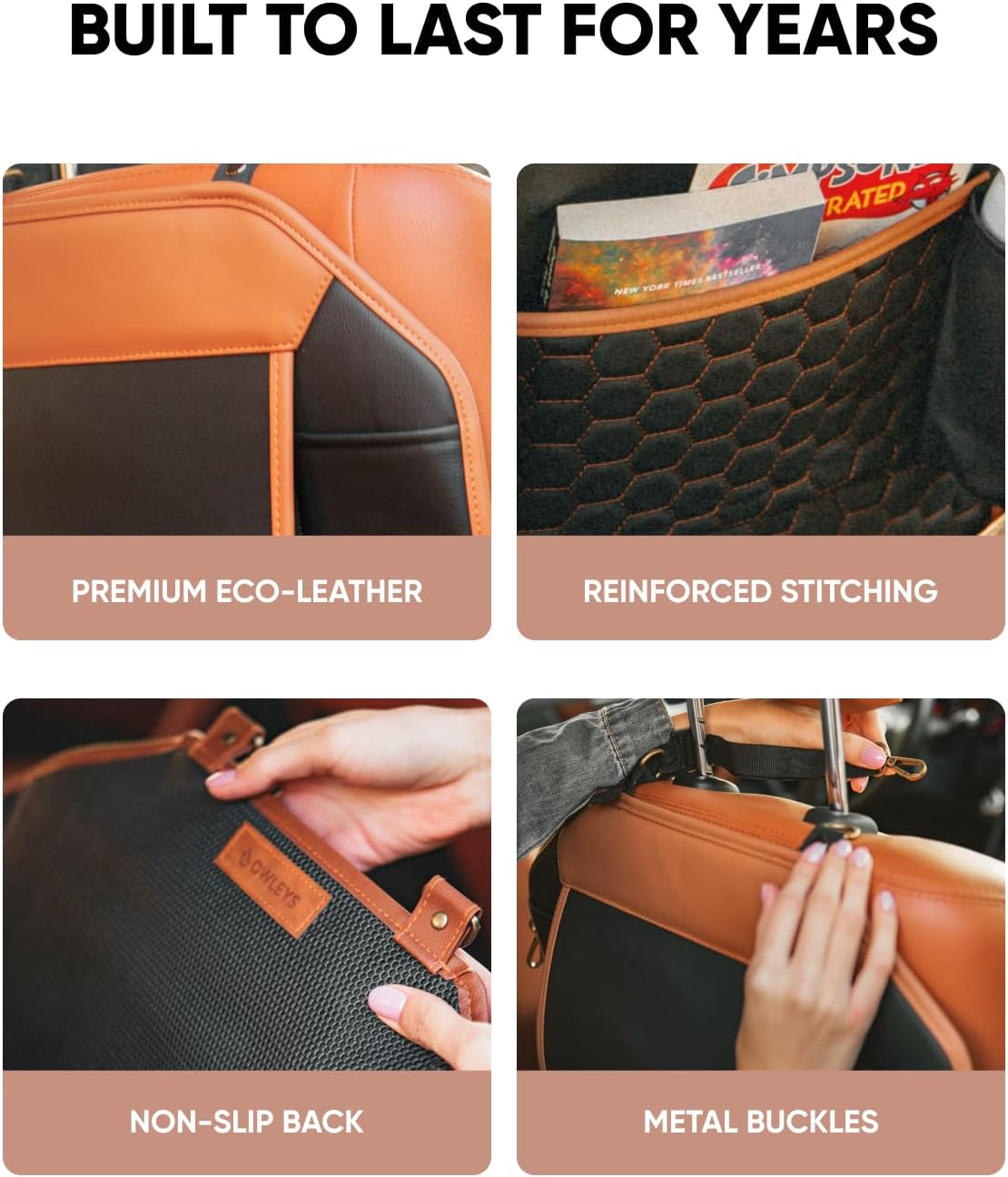 Owleys Back of Seat Organizer for Kids | Car Storage Caddy – 8 Pockets + Transparent Tablet Holder | Waterproof Eco-Leather | 27.5' x 18.5' | Brown+Black