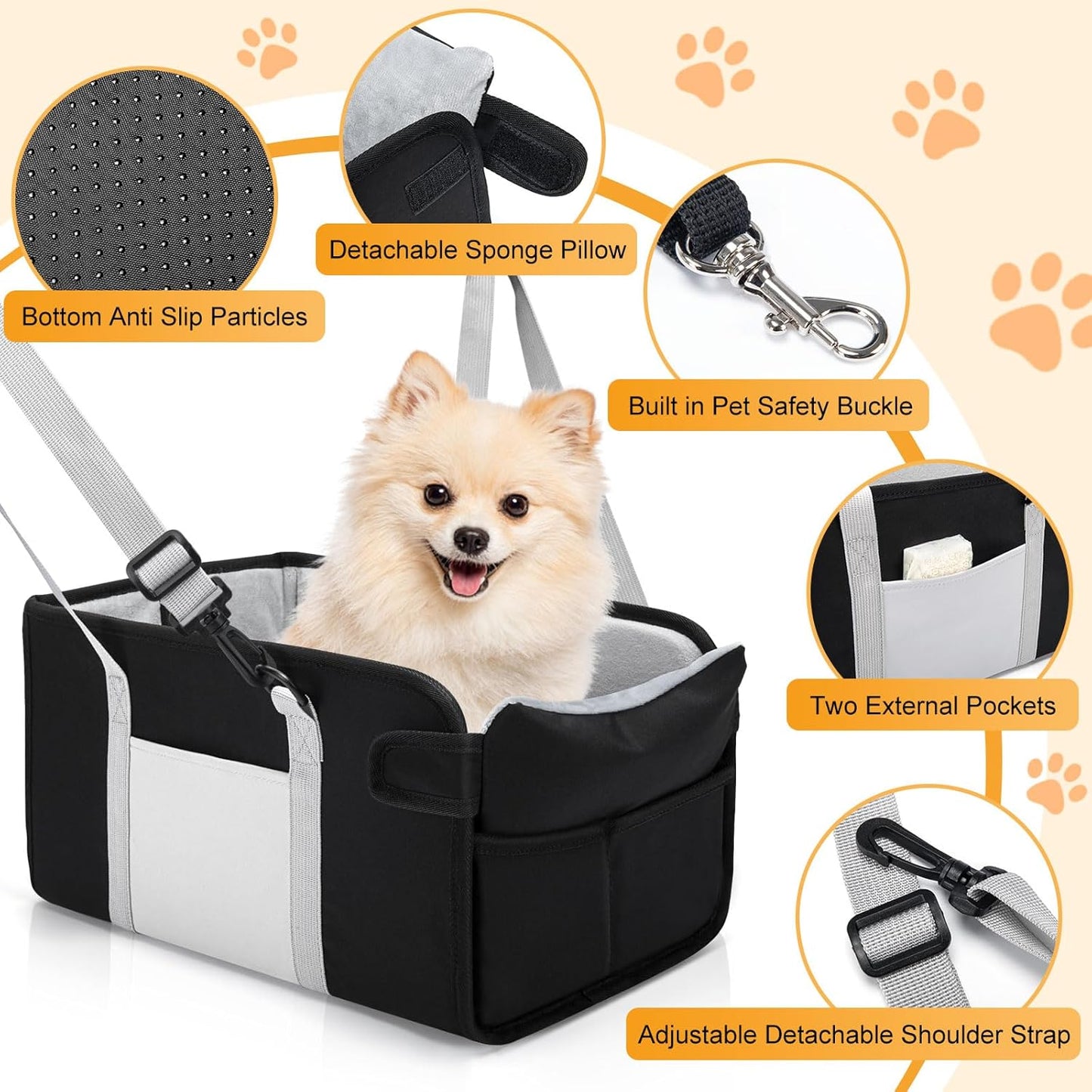 Portable Dog Car Seat for Small Dogs - Pet Booster Seat with Safety Leash, Adjustable Straps, Washable Cushion & Storage Pocket - Center Console Puppy Car Seat for Travel - Black