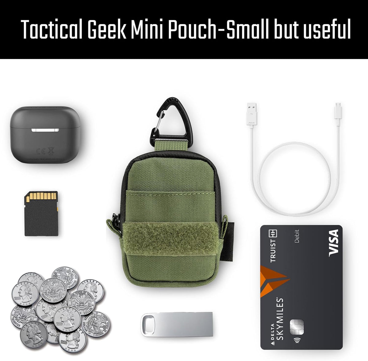 Tactical Geek Storage A6 Mini Size EDC Utility Pouch, Mini Coin Purse with Custom Carabiner, EDC Mini Size Pocket Organizer, Wireless Headset Pack, Key Waist Case for Daily Carry-Green