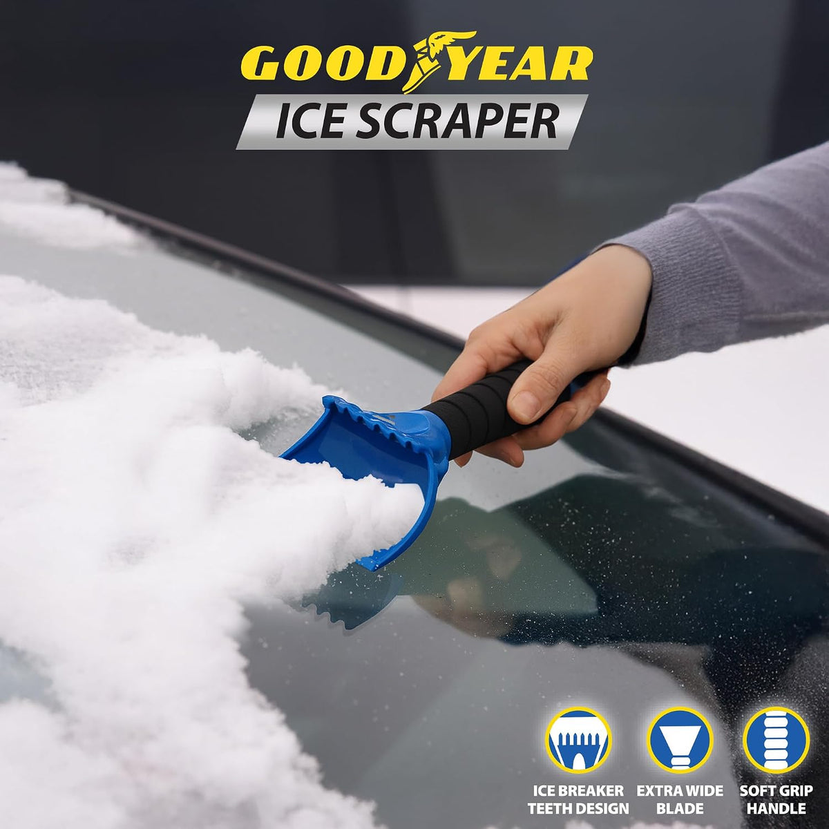Goodyear Ice Scraper – Heavy-Duty Ice Breaker Teeth, Extra-Wide Blade for Efficient Snow & Ice Clearing, Comfortable Soft Grip Handle – Perfect for Winter Car Care