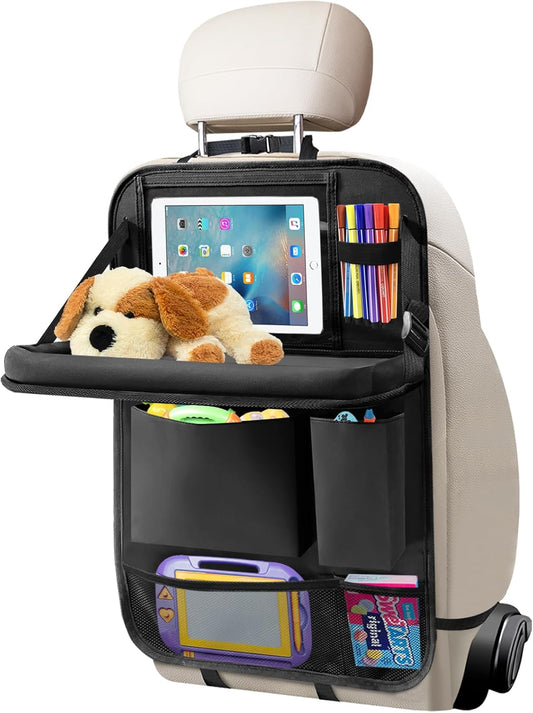 Car Backseat Organizer with Tablet Holder, 6 Storage Pockets Seat Back Protector with Foldable Tray, Kick Mats Back Seat Cover for Kids Toddlers, Travel Accessories, 1 Pc