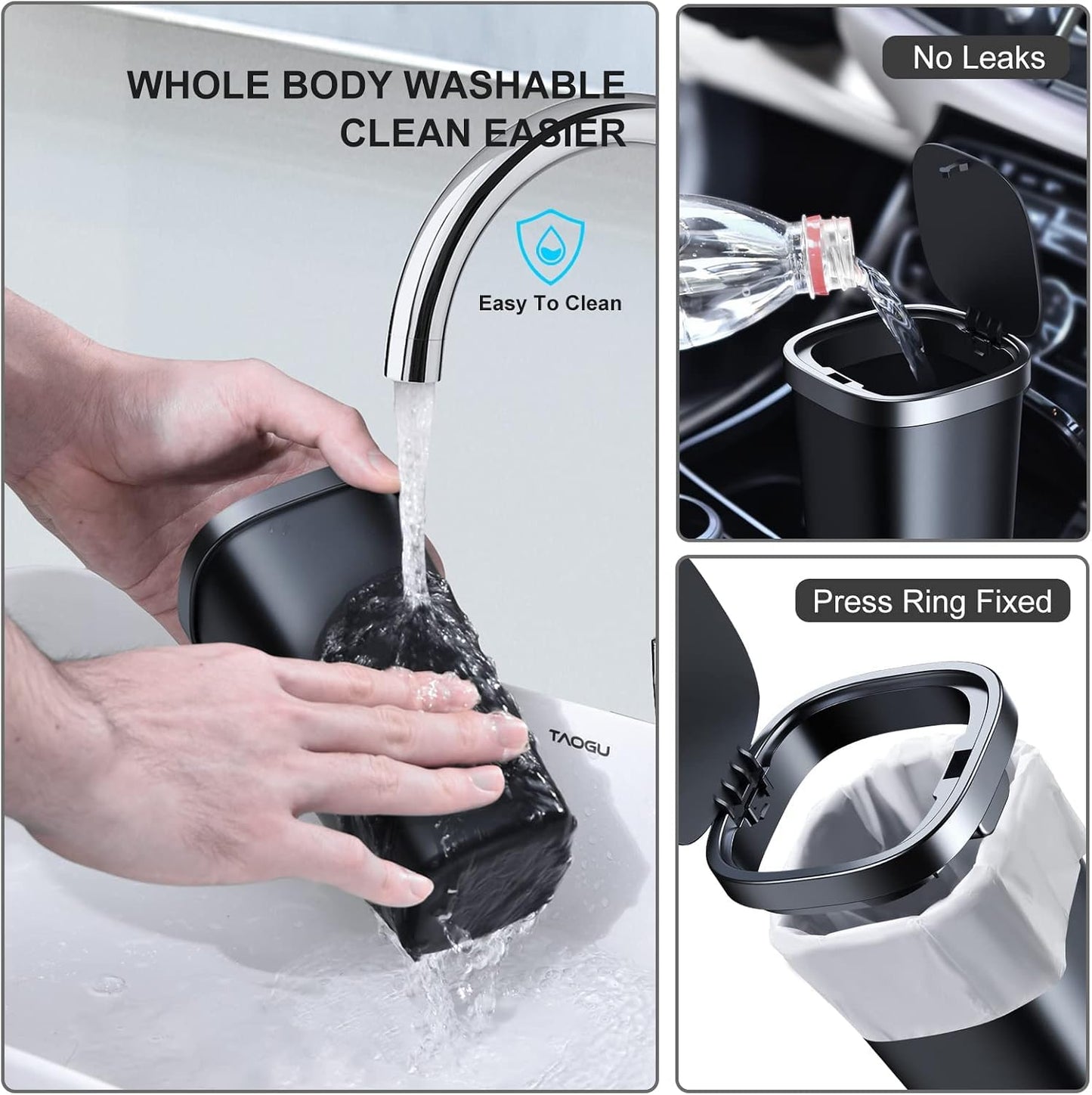 Mini Car Trash Can with Lid, Cup Holder Trash Can for Car with 3 Rolls Mini Trash Bags, Waterproof Small Car Garbage Can for Car Home Office Desk Bedroom -Square Black