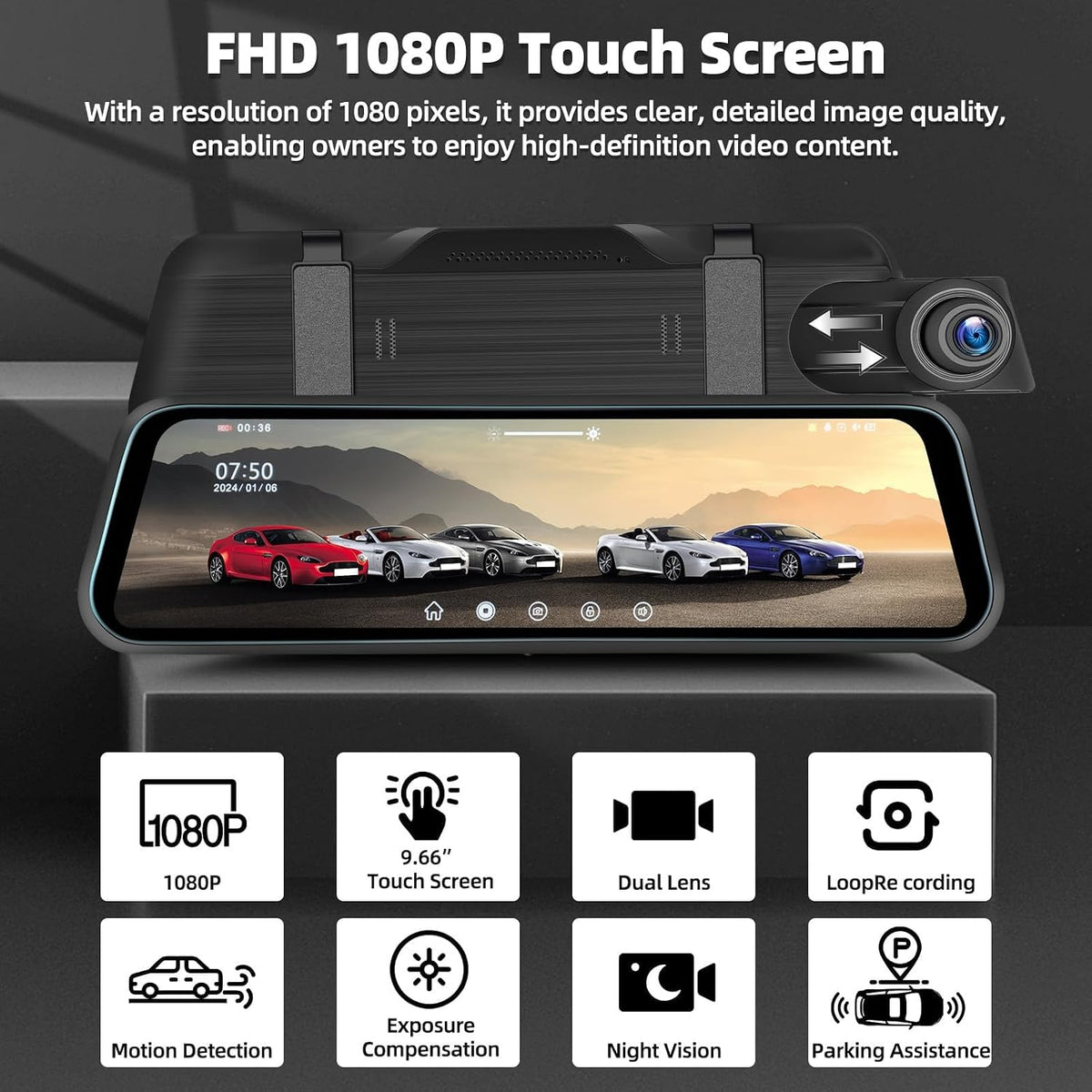 9.66" Mirror Dash Cam Night Vision,1080P Full HD Front and Rear View Mirror Camera for Cars,Dual Lens Cam with Loop Recording Streaming Media Motion Detection Parking Monitor Free 64 GB TF Card