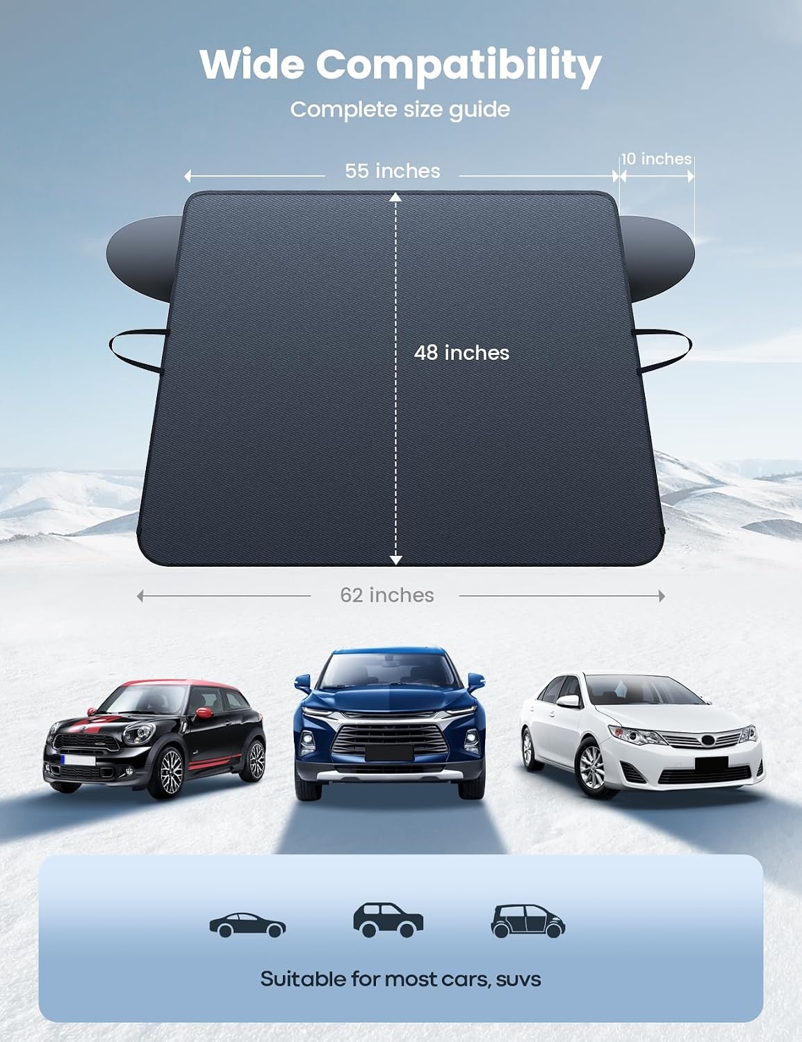 Lamicall Windshield Cover for Ice and Snow - [ Magnetic Fit][ 1S Snow Removal][ Ultra Waterproof] Heavy Duty 800D Oxford Fabric, 4X Stable, Winter Car Gifts Accessories for Most Cars, SUV (62"x48")
