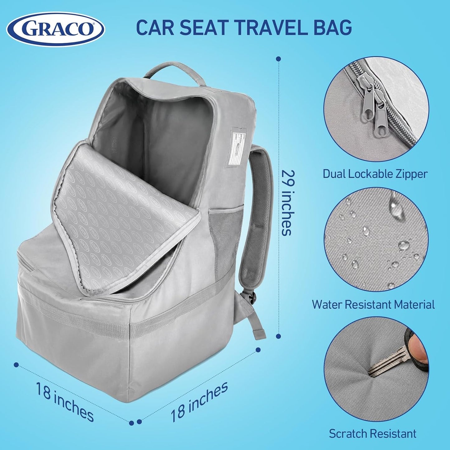 Graco Padded Car Seat Travel Bag & Infant Carrier Backpack, Gray | Durable Large Back Pack for Carseats & Booster Seats, Airport Gate Check Bag Luggage, Water Resistant Material