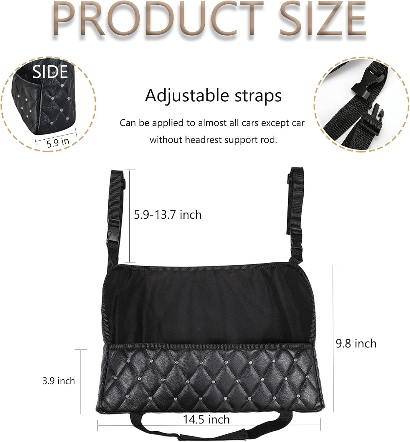 Car Net Pocket Handbag Holder with Diamond Bling Driver Netting Pouch, Handbag Holder Front Seat, Barrier of Backseat Pet Kids Storage & Pocket (Black with Diamond)