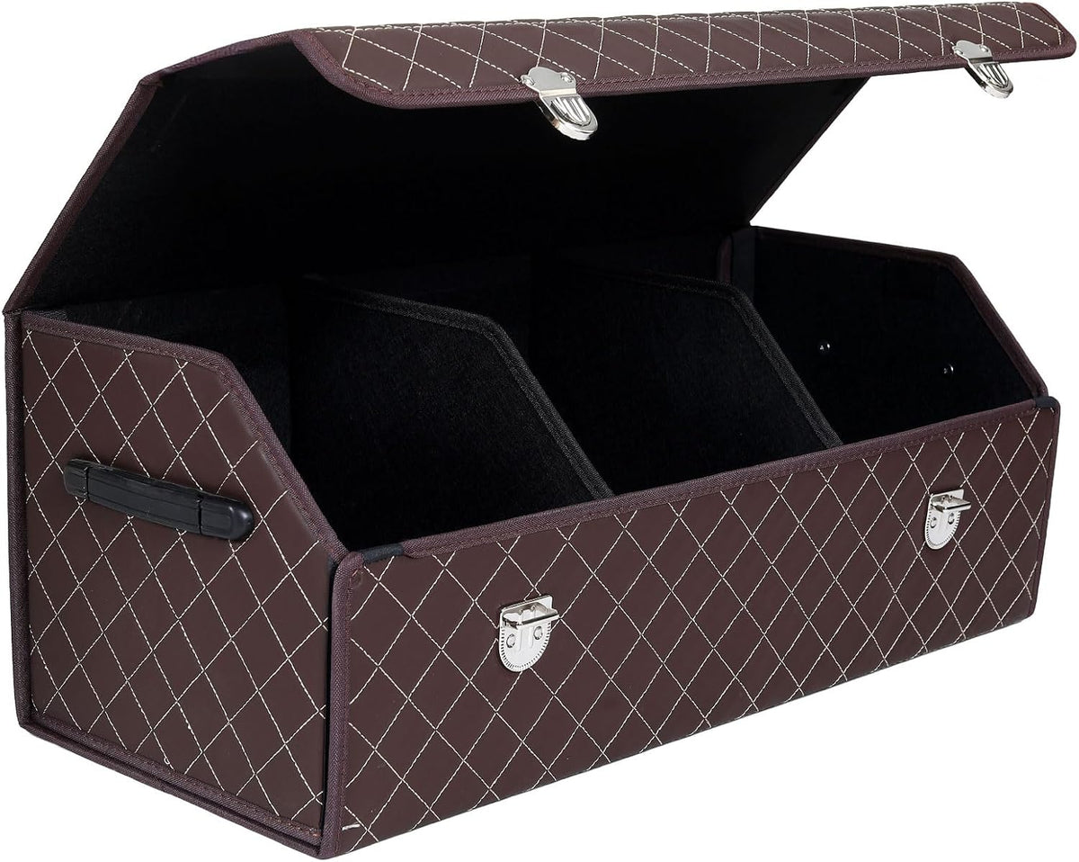 Trunk Organizer with Lid for Car Foldable Storage Box Heavy Duty PU Leather Cargo Organizer for SUV Sedan Waterproof (Black, Large)