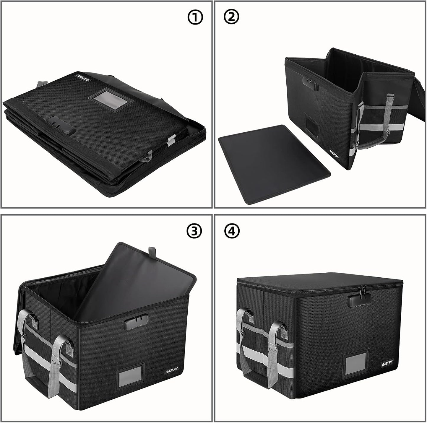 ENGPOW File Box with Lock,Fireproof Document Box with Zipper＆Pockets,Collapsible File Organizer Filing Storage Cabinet with Handle,Portable Home Office Safe for Hanging Letter/Legal Folder,Black