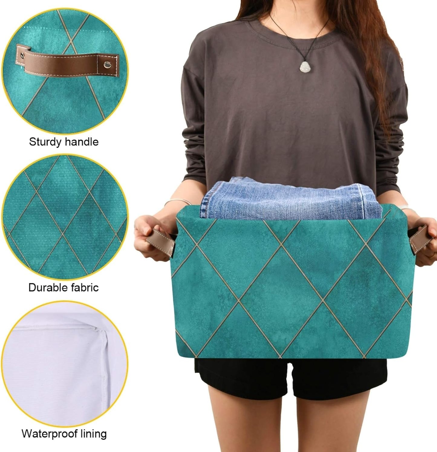 Blueangle Teal Watercolor Geometric Plaid Rectangle Storage Bin, 15 x 11 x 9.5 in, Collapsible Organizer Storage Basket for Home Décor, 2PCS