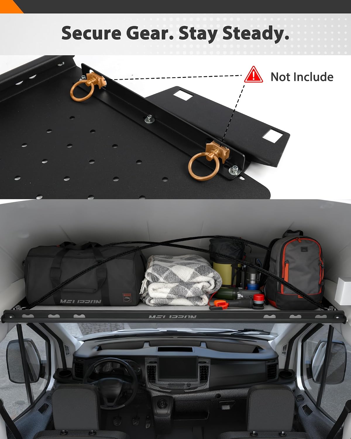 MELIPRON Van Headliner Shelf & Curtain Rod Fit for 2015–2026 Ford Transit Medium & High Roof, Overhead Storage Shelf with Modular Mounting Slots, No-Drill Installation for Organized Van Storage