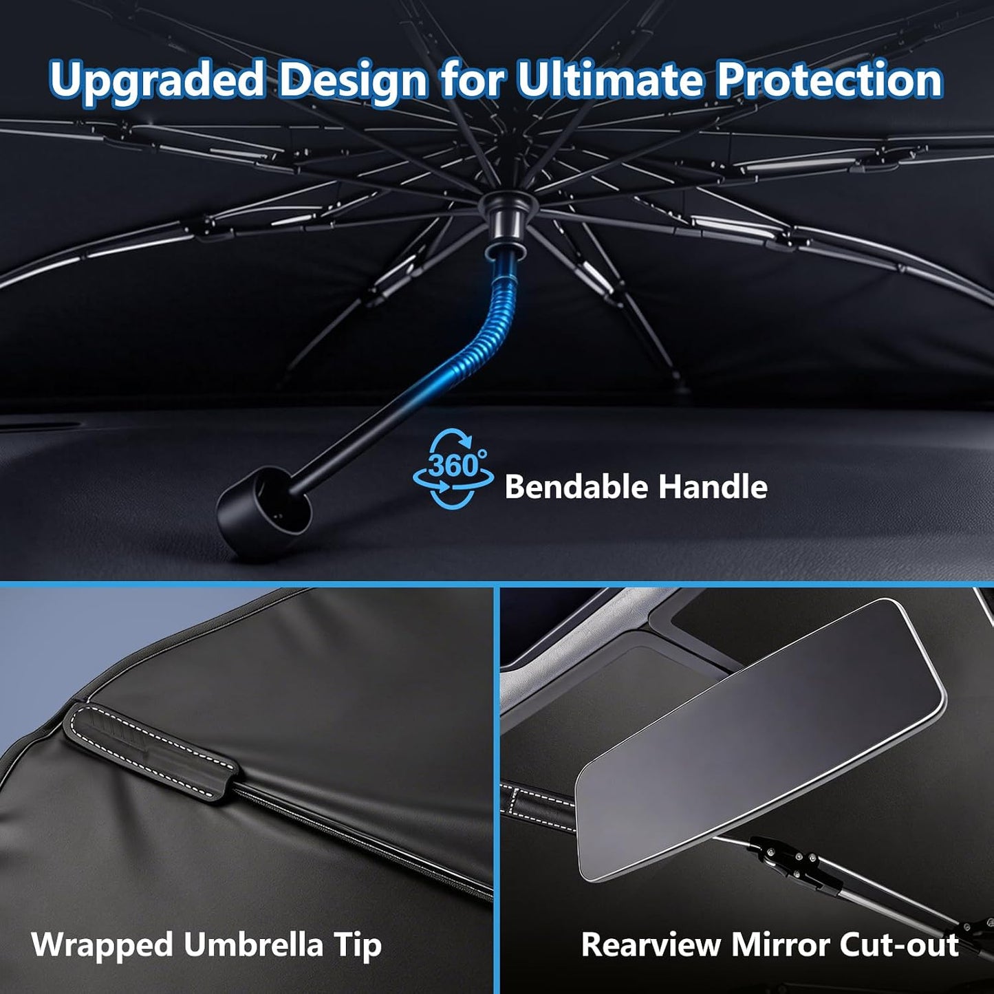 Foldable Car Umbrella Cover for Front Window - Car Windshield Sun Shade Heat & UV Protection, Easy Open Keep Cool and Protect Interior for Auto Sedan SUV (56" L x 31" W)