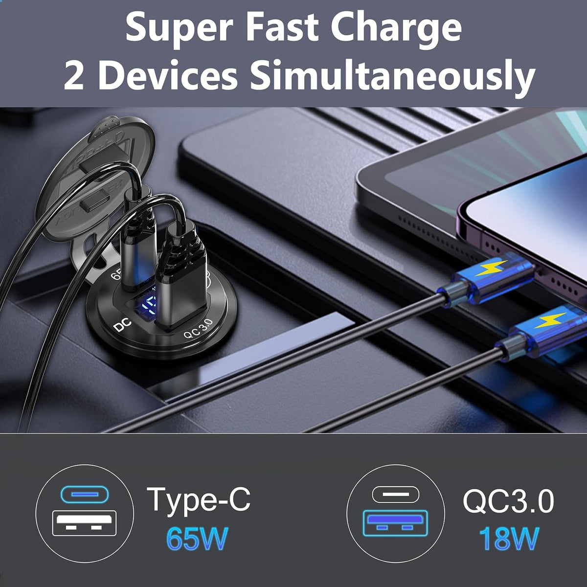 83W 12V USB Power Outlet, Qidoe Aluminum 65W PD Laptop Charger Socket and 18W QC3.0 Car USB Port with Digital Voltmeter Button Switch Smart Boosting 12V Outlet for Car RV Marine Boat Moto