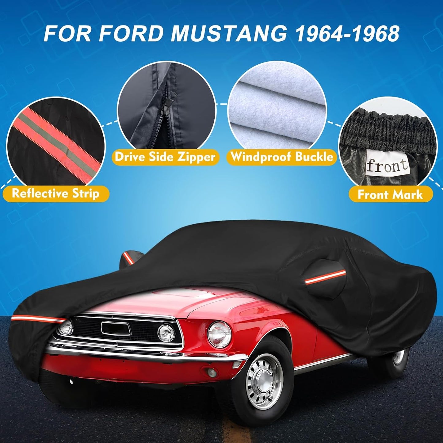 QUNSUNUS 6 Layer Car Cover for Ford Mustang 1964-1968 Waterproof All Weather 420D Windproof for Ford Mustang Car Cover Hail Protection with Zipper