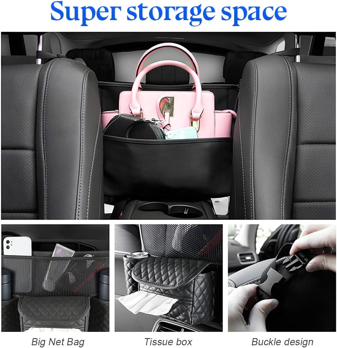 XINLIYA Car Handbag Holder Between Seats, PU Leather Multi-Pocket Large Capacity Purse Holder, Auto Net Bag Barrier of Backseat Pet Kids, Car Seat Organizers and Storage for Cargo Tissue Cup（Black）