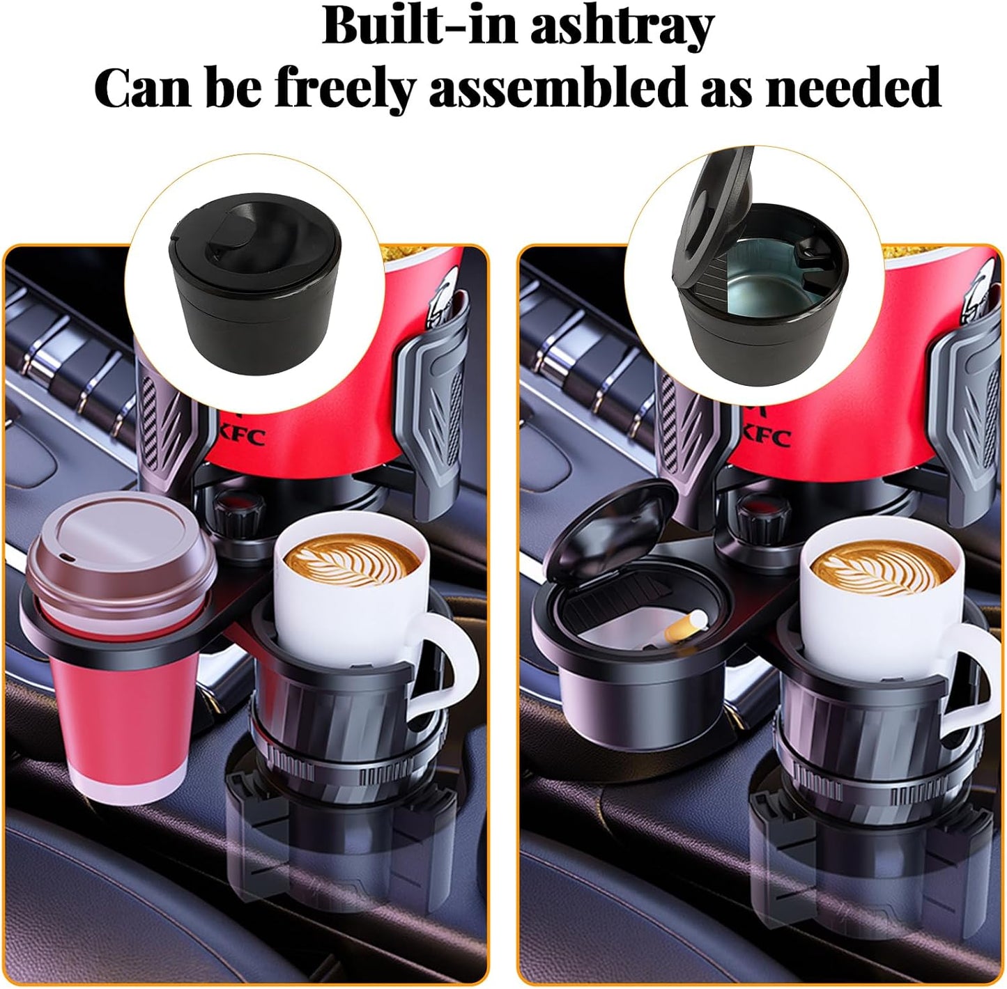 4-in-1 Car Cup Holder with Ash Tray - Adjustable Width, Rotating Base & Lock, Fits 6-10cm Car Slots, Holds Drinks, Fast Food, Bubble Tea (ABS & Zinc Steel)