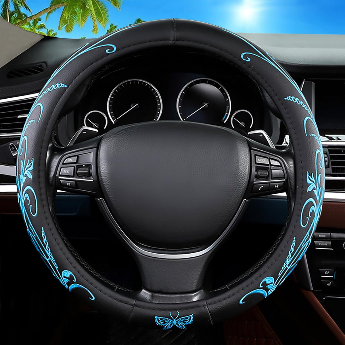 Car Leather Steering Wheel Cover - Panapi Material, Universal 14.5-15 Inch Leather Anti-Slip Breathable Auto Steering Wheel Covers for Men Women (Embroidery-Blue)