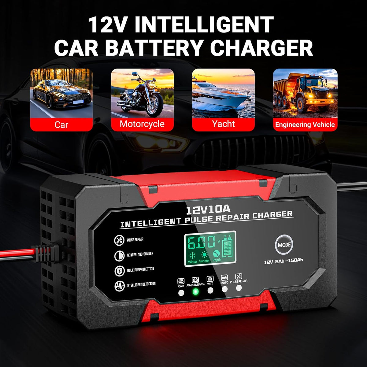 Car Battery Charger 12V 10A Smart Trickle Charger Fully Automatic