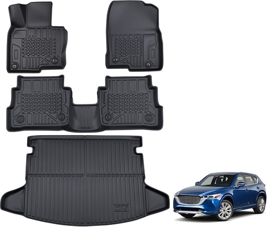 TPE Floor Mats & Cargo Liner for Mazda CX-5 2017-2025 All-Weather Protection | Full Coverage | Odorless Car Mats & Trunk Tray Custom Fit Set Accessories - Black