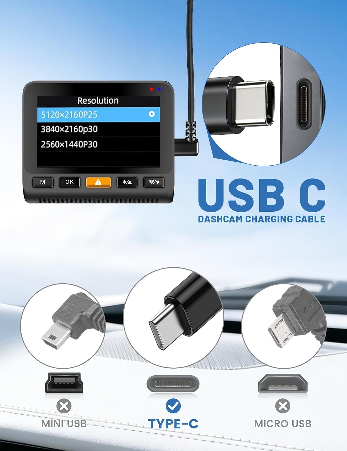 EWAY USB C to 90 Degree USB C Dash Cam Power Cord 10FT, Replacement Type C Dashcam Power Cable for Front Rear Dash Recording Dashboard Camera, Compatible with Car Charger USBC Port for SUV, Truck