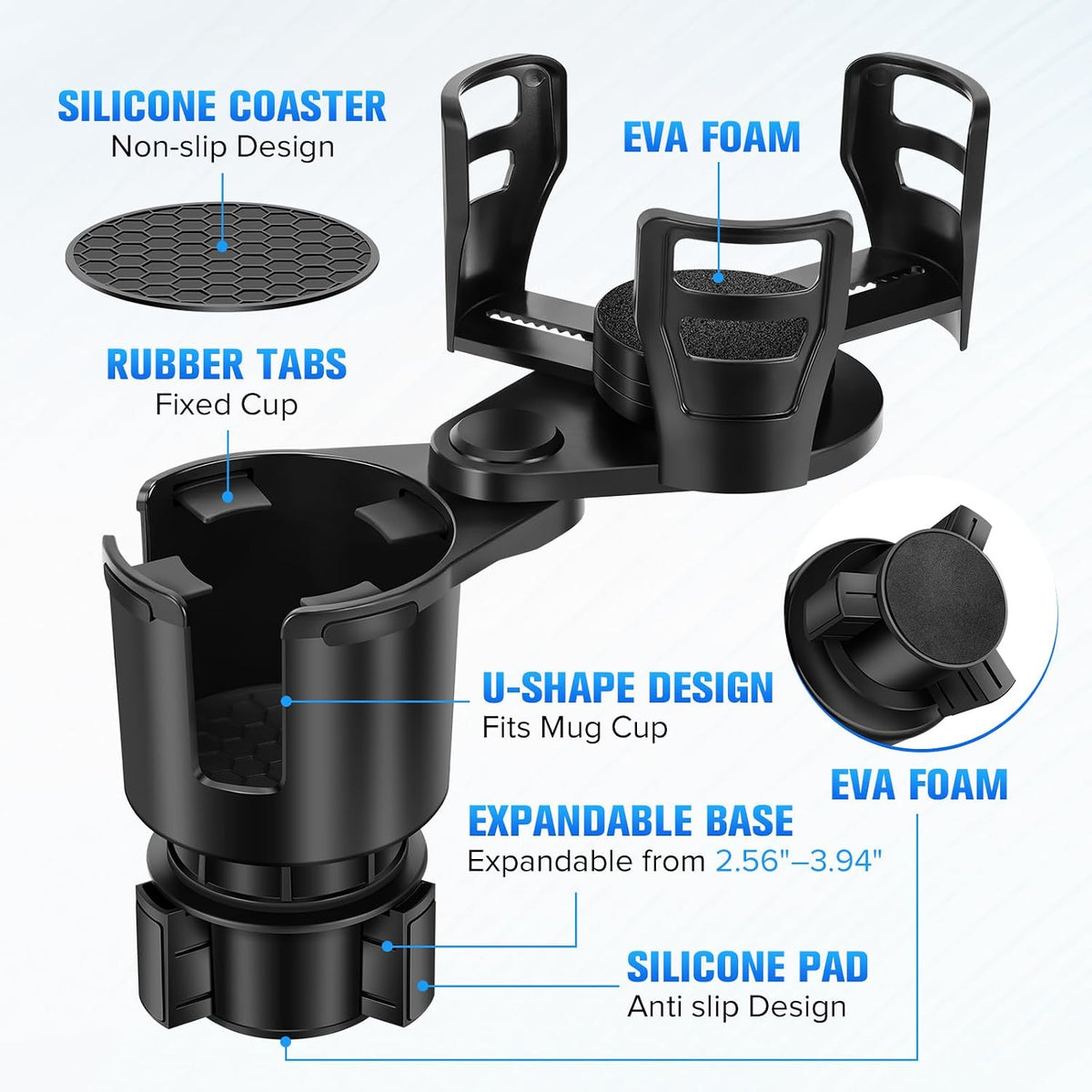 Universal 2 in 1 Car Cup Holder Expander with Adjustable Base, Fits Most Bottles