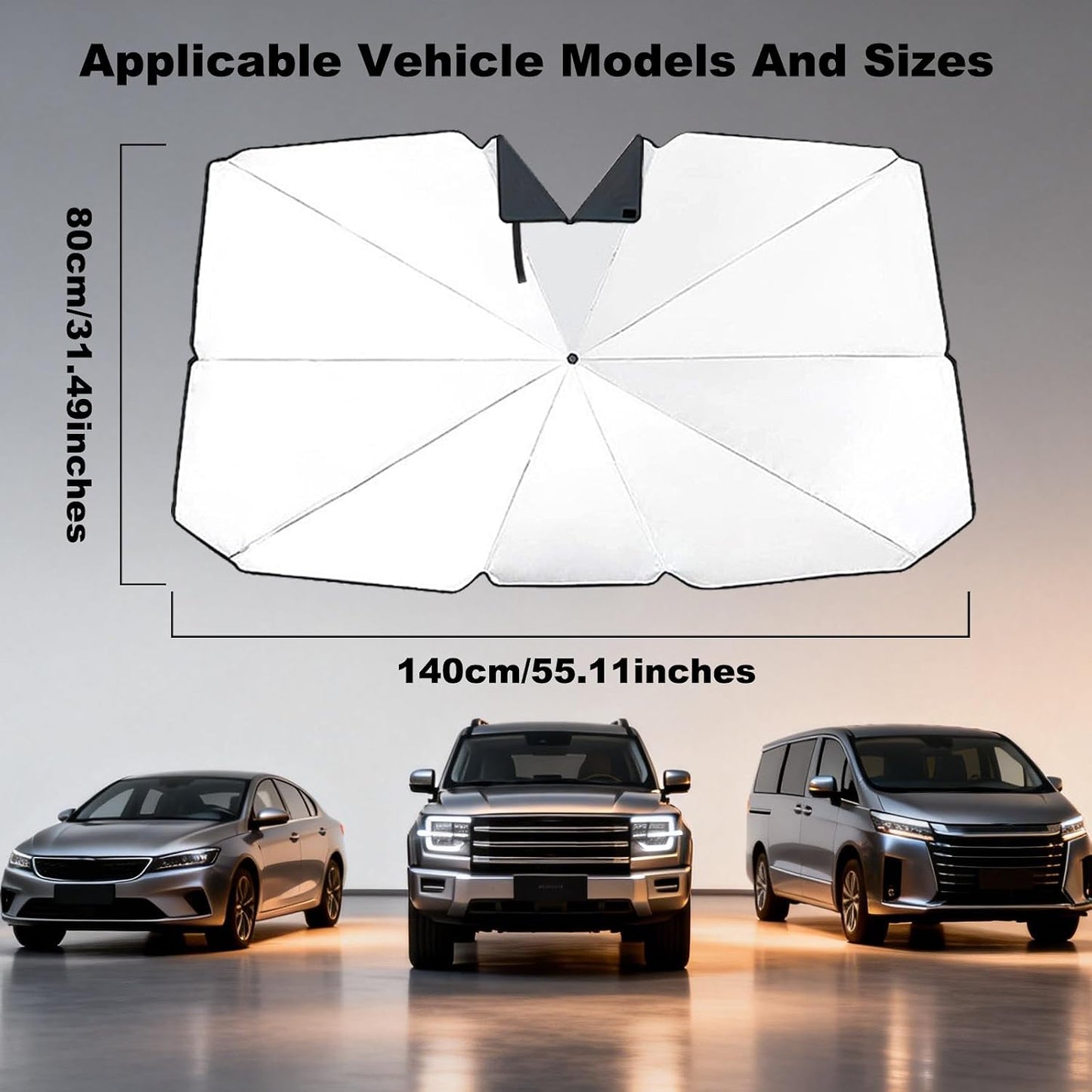 General Windshield Sun Shade Umbrella,Vinyl Titanium Silver Coating Heat Shield, UV Protection Protects car interiors,Suitable for Multiple Vehicle Models Large Foldable,55" L x 31.5" W